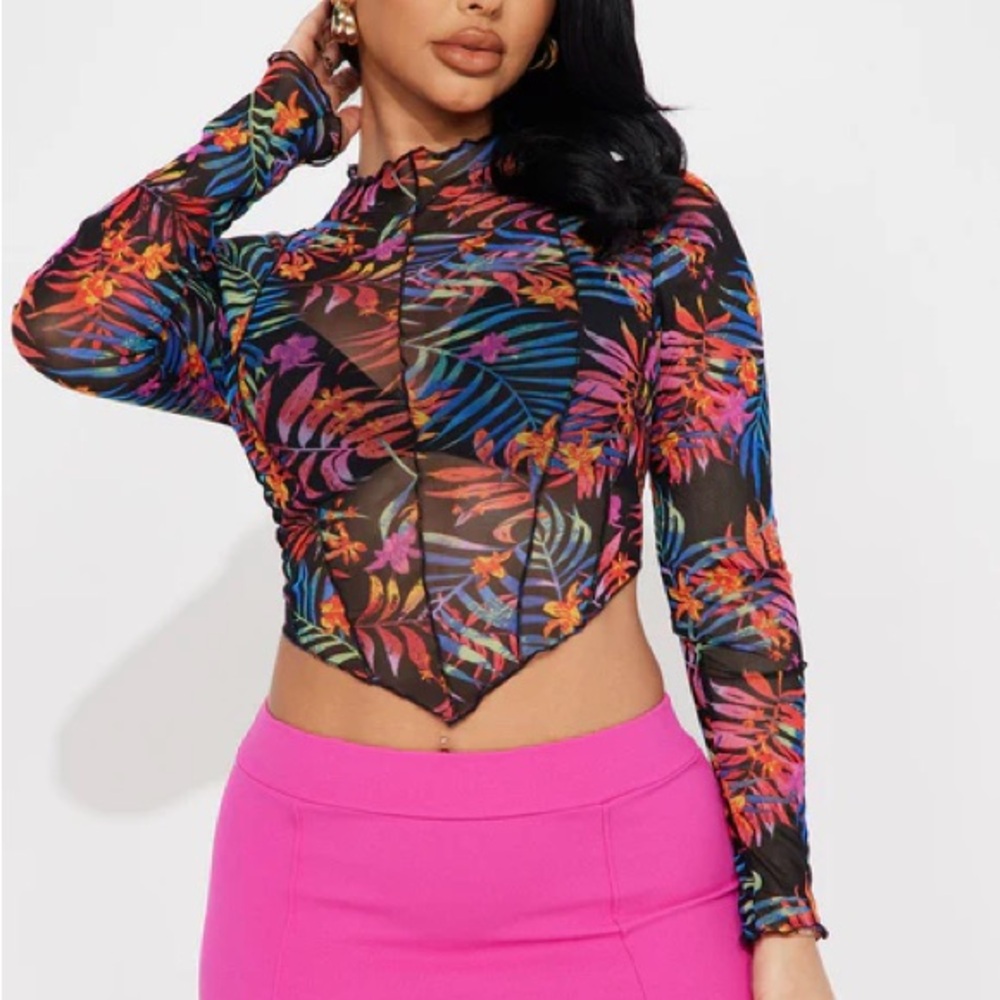 Floral Mesh Long Sleeve Top L